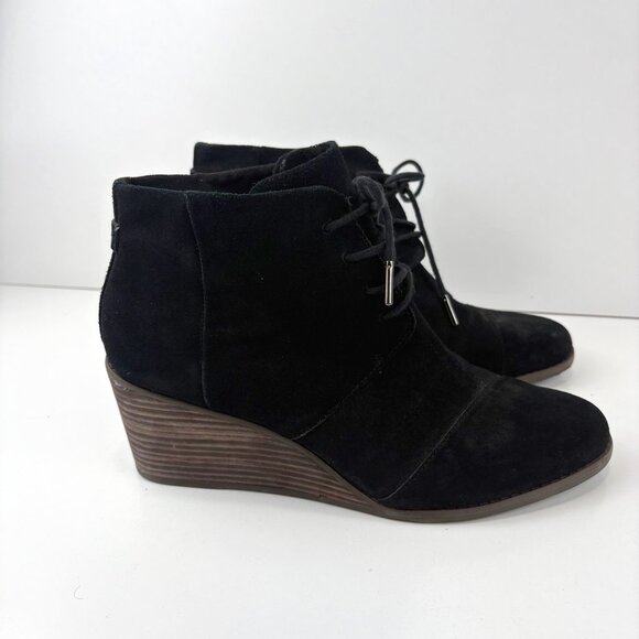 Toms Womens Black Suede Wedge Ankle Boots Size 10 rLace-Up - Picture 1 of 11